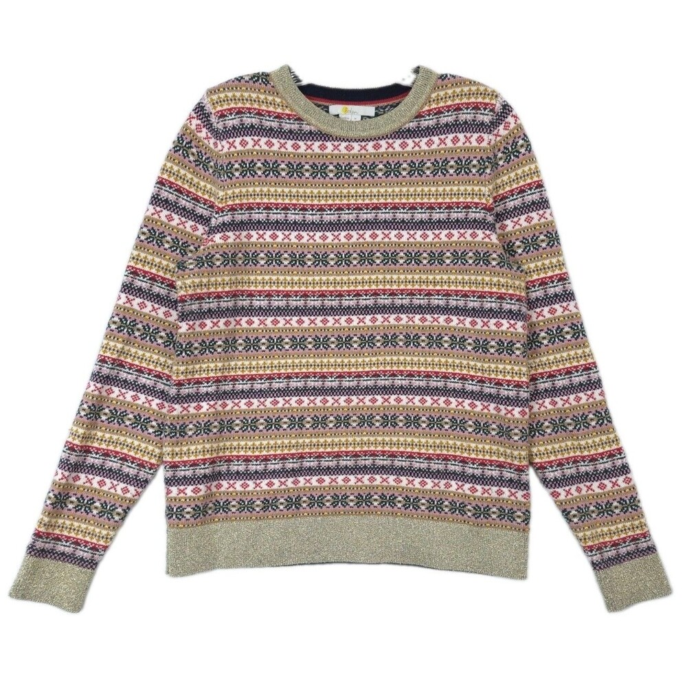 Boden Louise Fair Isle Jumper Women Colorful Cashmere Wool Sweater Gold Trim